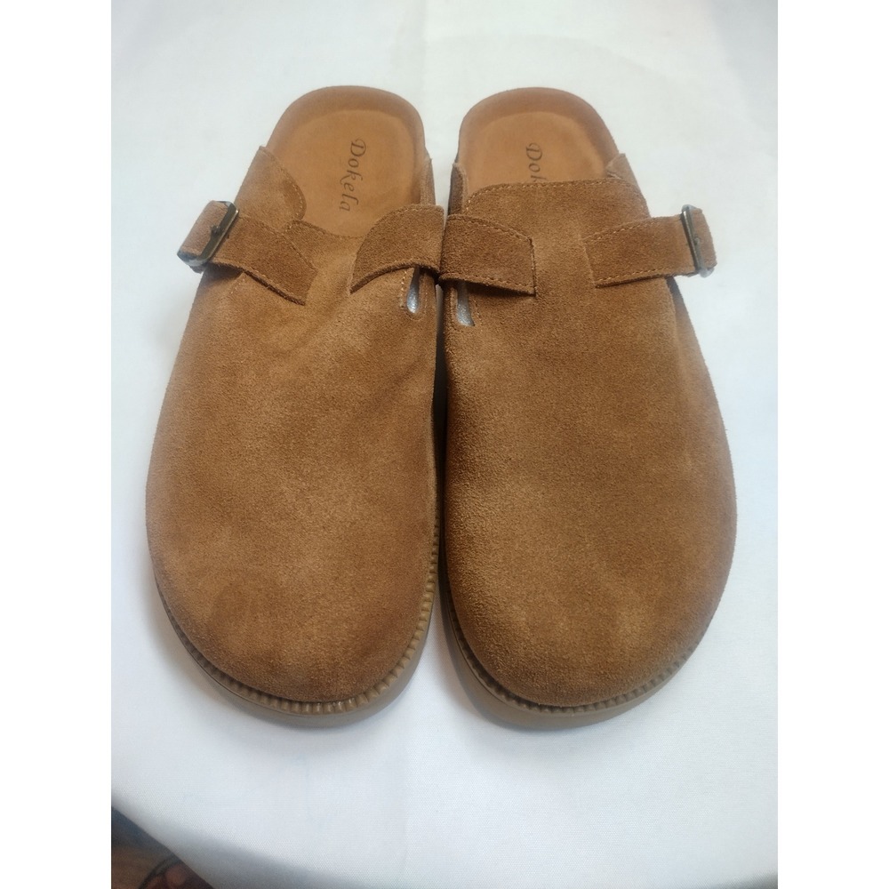 Dokela Tan Suede Clogs Mules Buckle Strap Cork Footbed Brown Shoes Size 41 NEW